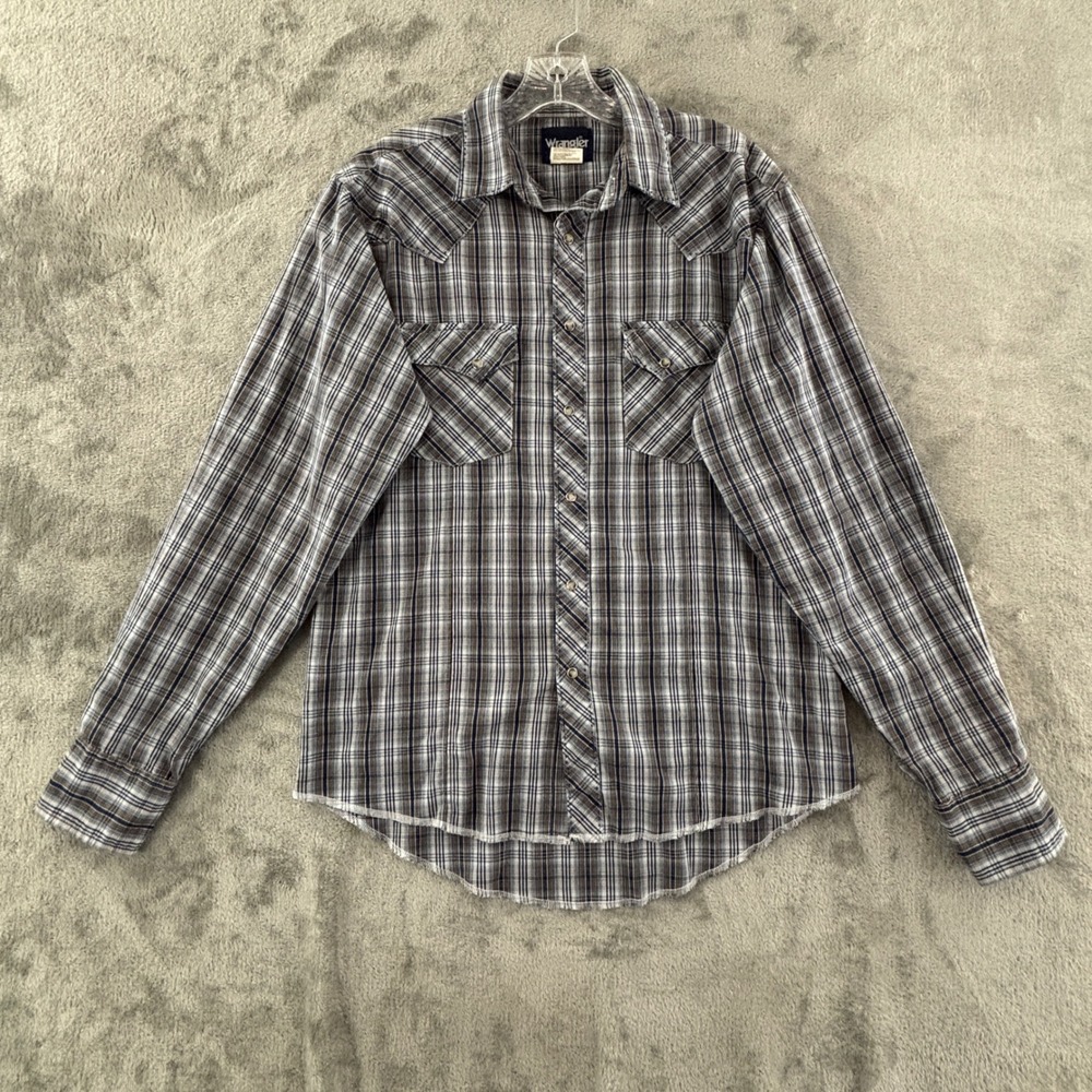 Wrangler Western Snap Shirt‎ Mens M Blue Brown Plaid Long Sleeve Accent Stitch